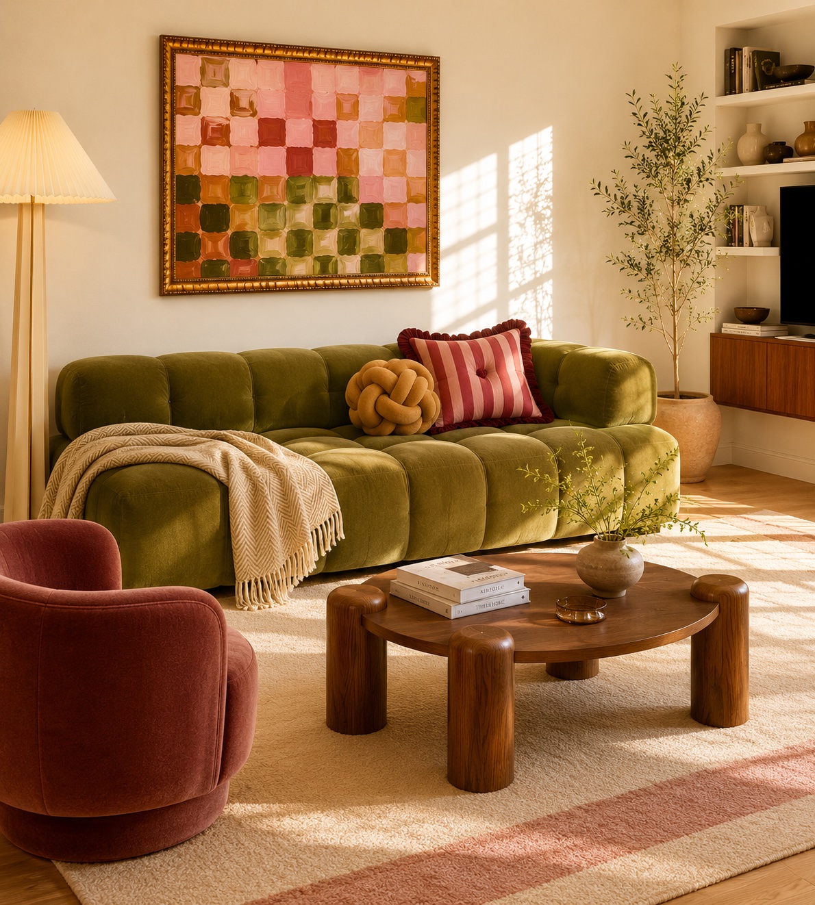 AI interior — olive sofa under a colorful checked painting