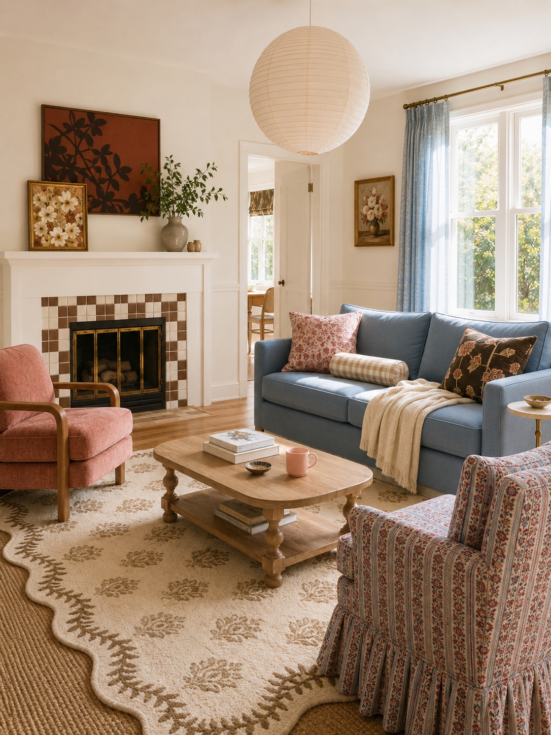 AI-generated living room — blue sofa, checkered fireplace tile, and rose armchair