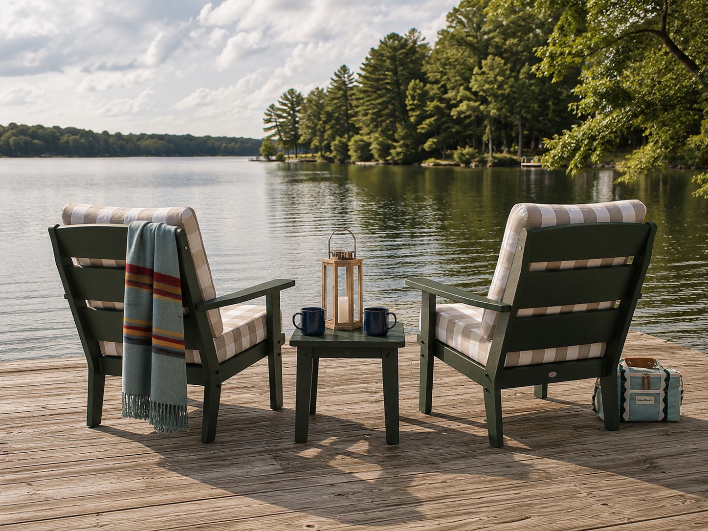 AI product visualization — outdoor lounge chairs on a lakeside dock